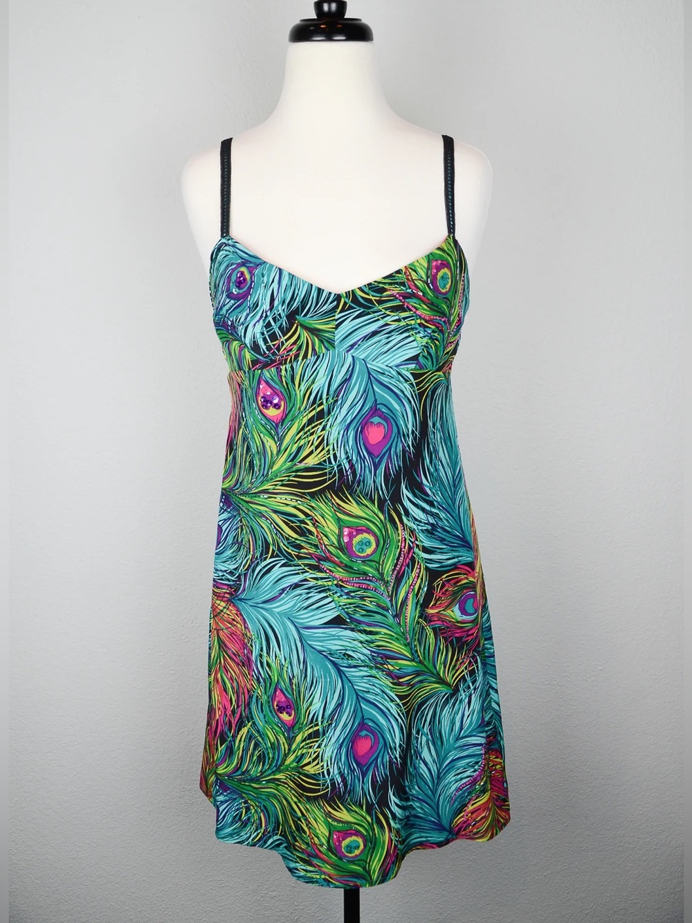 Peacock Feather Print Slip Dress - Turquoise Multicolor silk beaded